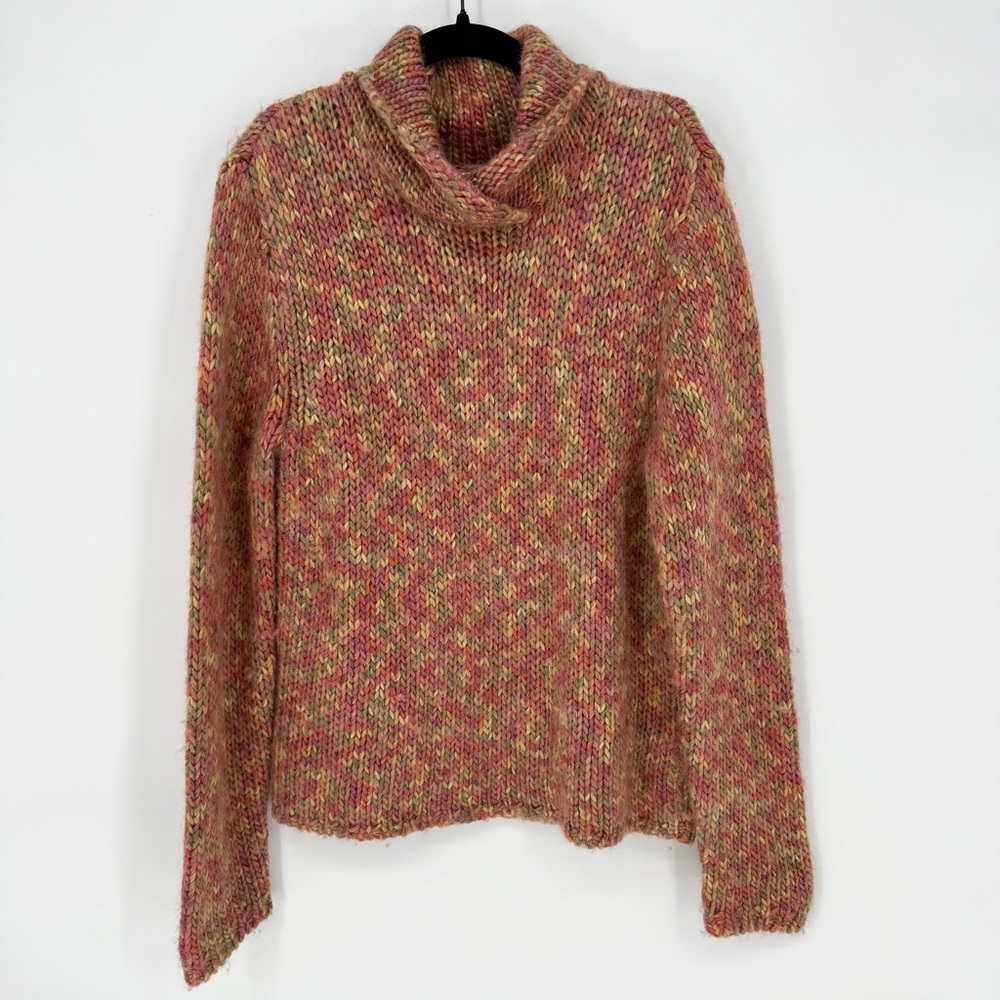 Vintage Talbots Space Dye Chunky Knit Pink & Yellow Cowl Neck Sweater Wool Fall